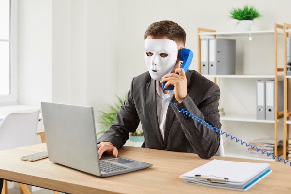 Businessman in a suit wearing a mask, talking on the phone about placement fee hiring.