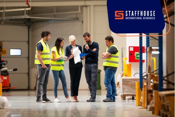 Warehouse team meeting discussing logistics and operations.